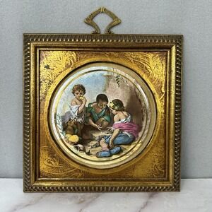 Vintage Sungott Art Studios Hand Painting Porcelain Children Playing Dice Framed